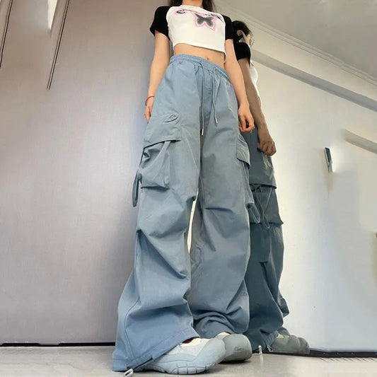 Women Y2K Cargo Pants High Waist Streetwear Hip Hop Trousers Female Big Pockets Casual Low Waist Drawstring Baggy Sweatpants