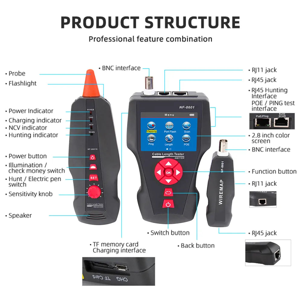 NOYAFA NF-8601 Network Cable Length Tester POE/PING Testers LAN Ethernet Cable Tester RJ45 UTP STP Diagnose Line Tracker