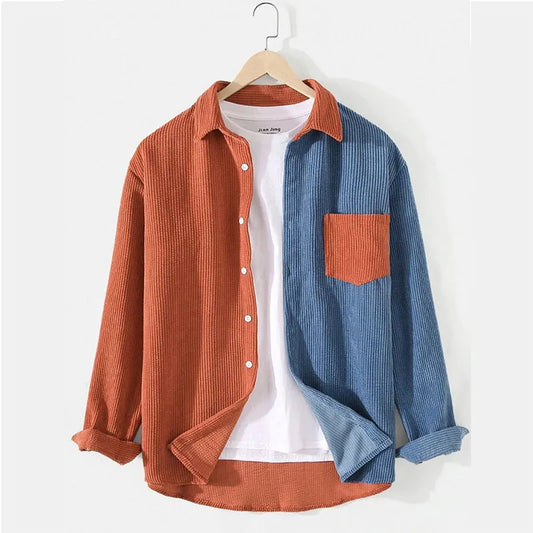 Corduroy Men Shirt Casual Patchwork Lapel Turn Down Button Long Sleeve Shirt Streetwear Leisure Luxury Clothing 2023