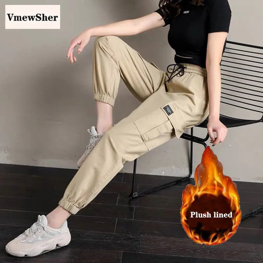 VmewSher New Winter Cargo Pants Women Cotton Solid Pockets Streetwear Fashion Warm Short Plush Fur Lined Casual Trousers