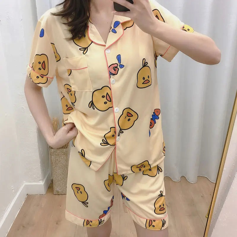 Pajamas for Women Short Sleeve Sleepwear Loungewear Satin Pyjamas Cartoon Summer Home Wear Ladies Silk Nightwear Set