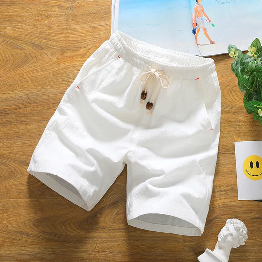 Summer lovers linen knee length cotton Board shorts white men solid casual shorts male drawstring thin Breathable Male Bermuda