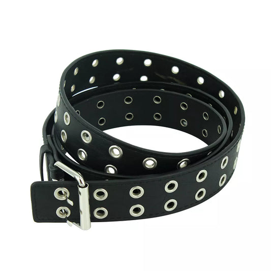 Fashion Women Punk Chain Belt Adjustable Black DoubleSingle Eyelet Grommet Metal Buckle Leather Men Waistband For Jeans