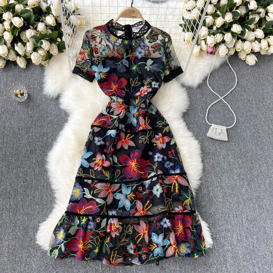 Mesh Embroidery Flower Runway Dress Women Short Sleeve Ruffles Summer High Quality Black Party Sundress