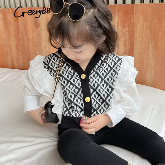 Girls Long Sleeve Blouse Spring Shirts Tops Shirts Children Wear Clothes New Korean Girls Fashion Stitching Lace Sleeve Cardigan