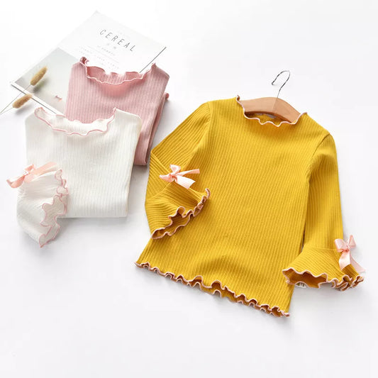 2023 Girls T-shirt Spring Autumn Baby Kid Flare Sleeve Bow-knot Casual Shirt Children's Cotton Long Sleeve Clothes for Girls New