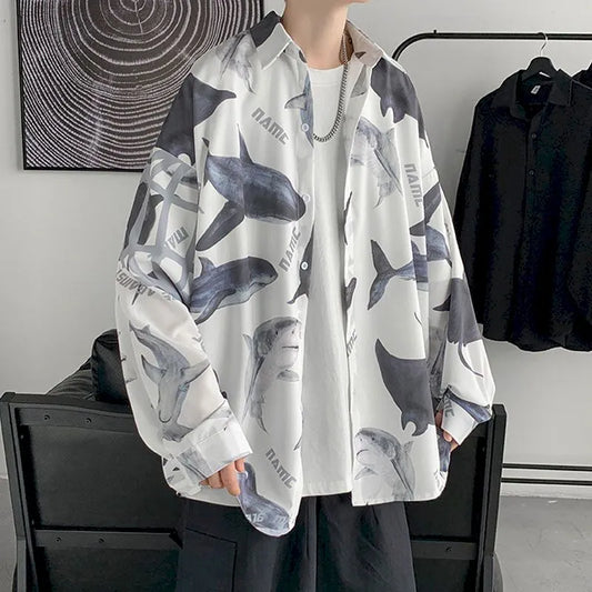 Japanese ice silk women shark print shirt long-sleeved summer jacket sun protection clothing chic couple wear Hawaiian blouse