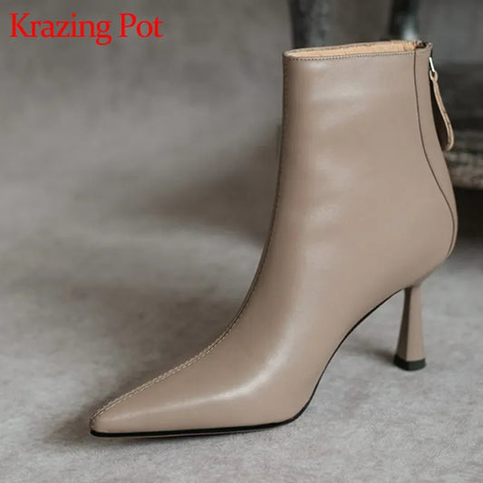 Krazing Pot Big Size 42 Cow Leather Pointed Toe High Heels Chic Design Concise Winter Spring Shoe Dress Warm Wedding Ankle Boots