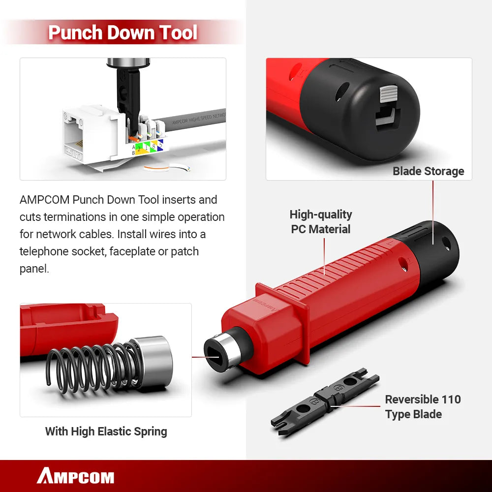 AMPCOM RJ45 Crimper Lan Tester Tool Set Ethernet Cable Stripper Punch Down Tool rj 45 rj11 Connectors 12 in 1 Cabling Repair Set