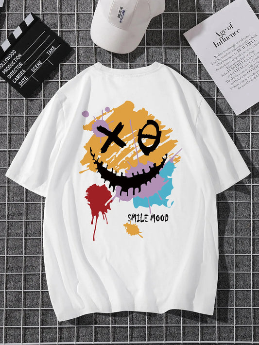 'Smile Mood'  Print, Men's Casual Crew Neck Short-Sleeve  Fashion Summer T-Shirts Tops, Men's Outfits Tee,Regular Oversize Tees