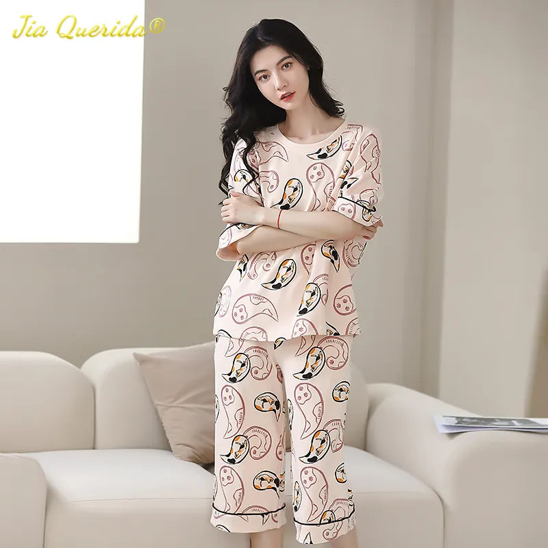 SUKAE Lady Pajamas Set M-5XL Big Size Calf-length O-Neck Sleepwear for Women Cotton Vintage Comfortable Casual Pijamas for Woman