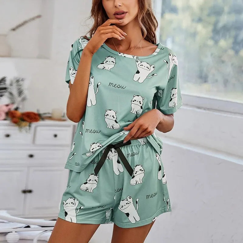 Women Pajamas Sets Short Sleeve Nightwear Top and Pants Sleepwear 3 Piece Pjs Loungewear Cartoon Print Pyjamas Set Nightwear