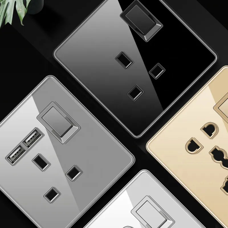 Luxury All Tempered Glass Wall Light Switch Button Black UK Plug 13A Universal Wall Socket with Usb ,220V1gang2way Speed Switch