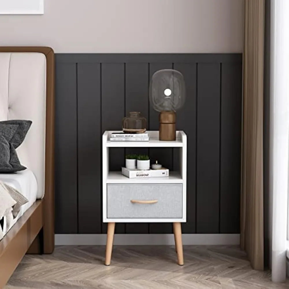 NightStand with Fabric Drawer, Bedside Table with Solid Wood Legs, Minimalist and Practical End Side Table