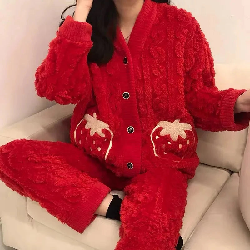 Winter Strawberry Pajamas Set Women Pyjamas Sets Thick Coral Velvt Flannel Girl Warm Lounge Sleepwear Pajama Sets