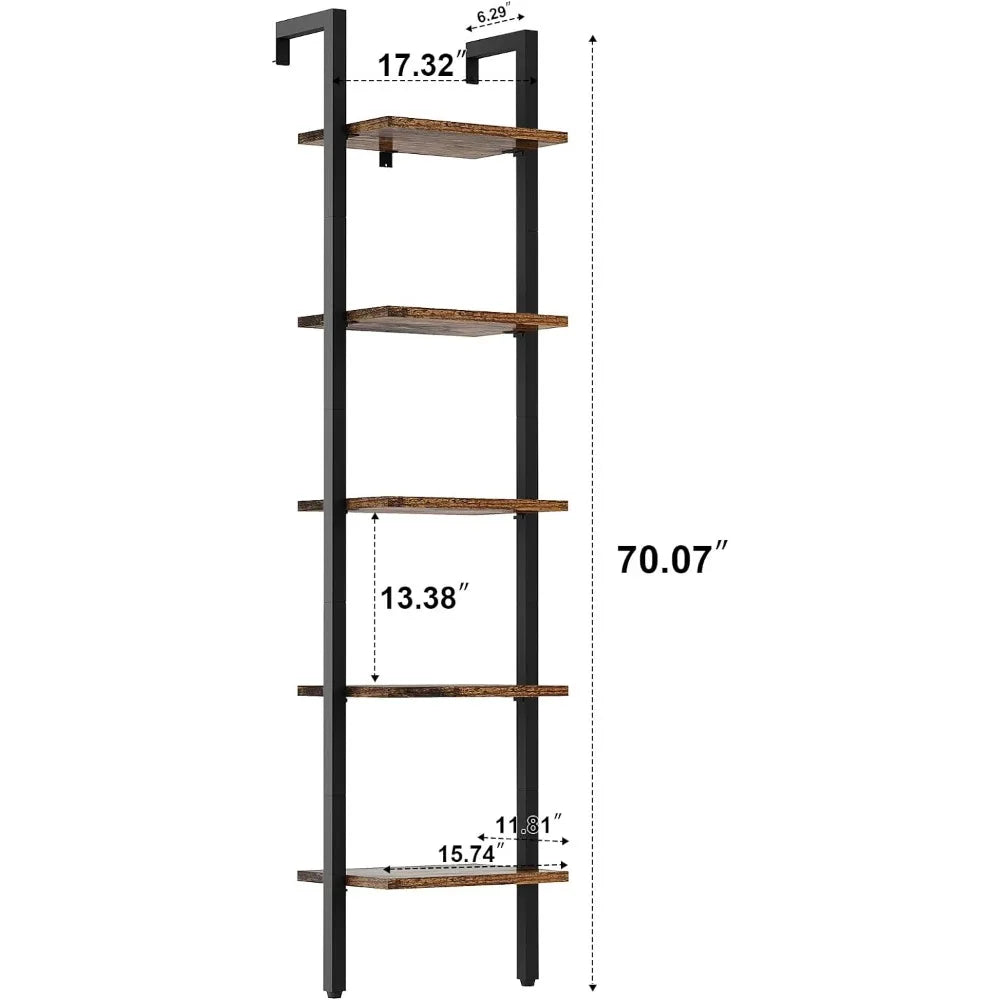 YMYNY 5 Tiers Ladder Bookcase, Industrial Wall Mounted Bookshelf, Open Display Rack with Metal Frame, Wooden