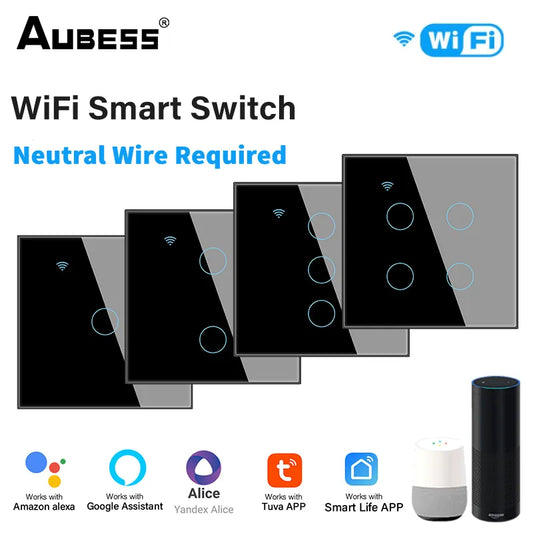 Tuya EU WiFi Smart Switch Neutral Wire Required 1/2/3/4gang Touch Sensor Wall Light Switch for Smart Life APP Alexa Google Home