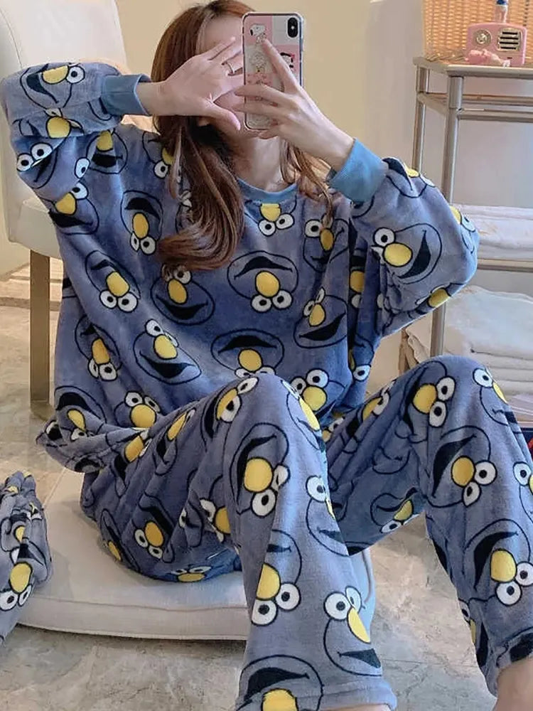 Winter Flannel Women Pajamas Sets Kawaii Cartoon Long Sleeve Sleepwear Warm Thick Coral Velvet Girl Home Pijamas Set New 2023