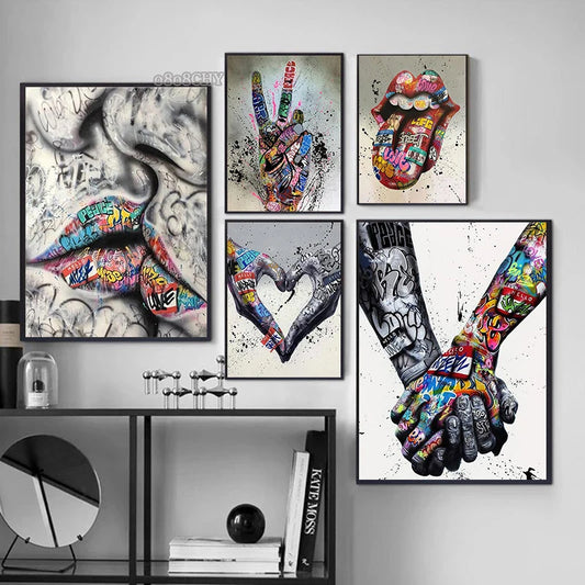 Abstract Street Art Poster Gesture Victory，Hand Heart Gesture，Kiss Graffiti Art Canvas Painting Pop Art Pictures for Home Decor