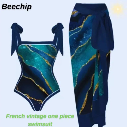 Europe And America Conservative Body Covering Slimming Beach Skirt Hot Spring Swimsuit French Retro One Piece Bikini