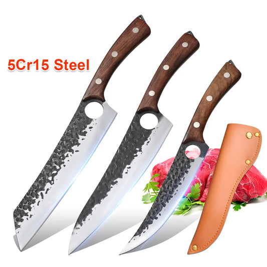 Multifunctional Stainless Steel Butcher Knife Meat Cleaver Hunting Boning Knife Finger Hole Serbian Chef Slicing Cutter Knife