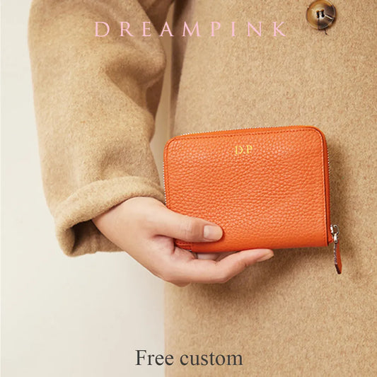 100% Real Leather Zip Card Wallet Custom Initials Luxury Women Cropped Coin Purse Clutch Personalize Letters Female Card Holder