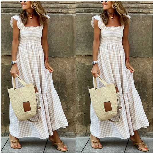 Elegant Casual Women's  Dresses Sexy Open Back 2023 Summer Plaid Strap Sweet Dress Female Robe S-XXXL