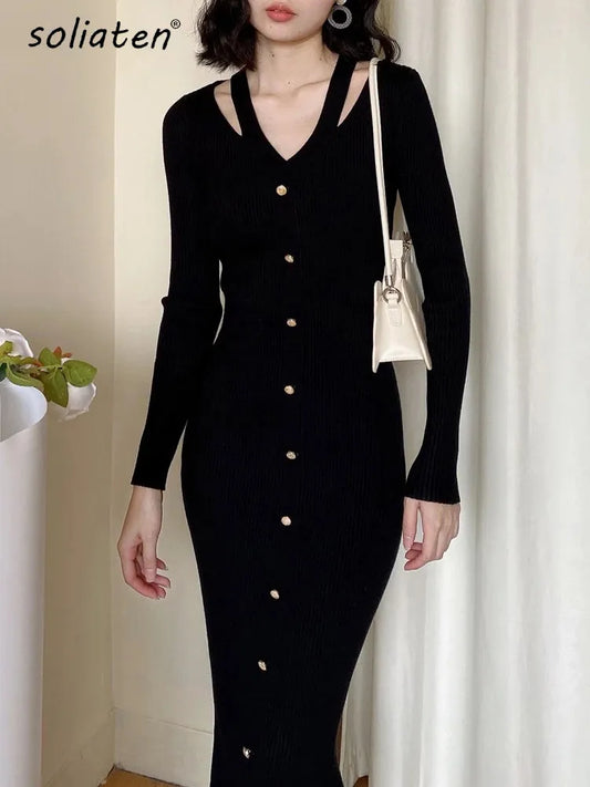 2023 Fall Winter Women Sweater Dress Midi Length Single Breasted Chic Ladies Long Sleeve V-neck Bodycon Knitted Dresses C-190