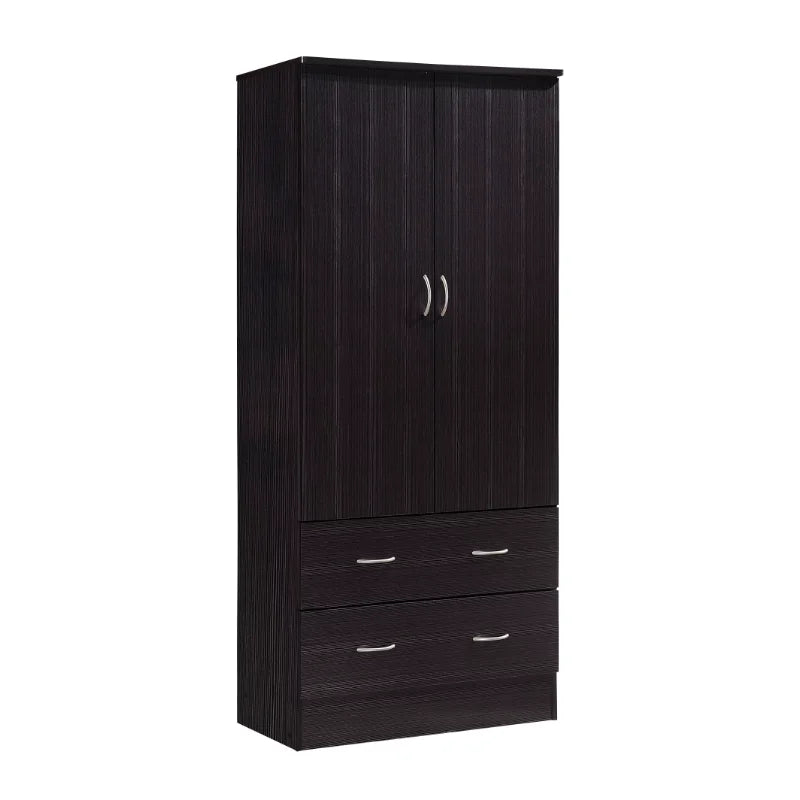 Hodedah Two Door Wardrobe with Two Drawers and Hanging Rod, Chocolate /Cherry/Beech/Black）Optional