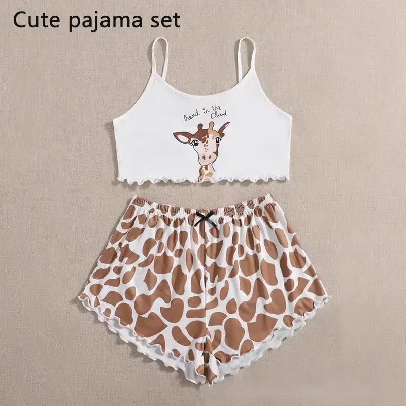 Women Vest Pajamas Pijamas Sleepwear White M L XL Cute Top Shorts Set Cartoon Print Two-piece Home Wear Summer Soft Comfortable