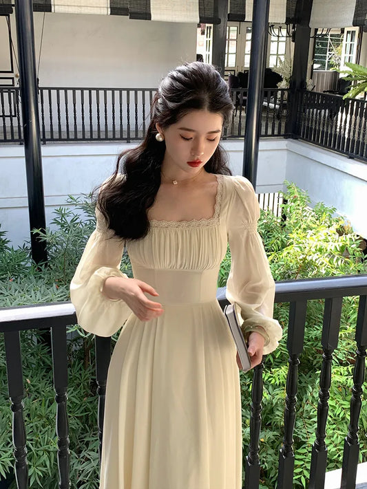 Vintage Puff Sleeve Square Neck French Fashion Evening Long Dresses for Women Elegant Summer 2023 Bodycon Dress Beach Clothing