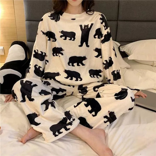 Flannel Women Pajamas Sets New 2022 Autumn Winter Warm Thick Coral Velvet Long Sleeve Cartoon Sleepwear Home Pijamas Set Girl