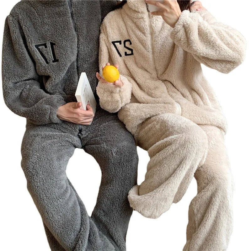 Couple Pajamas Set Autumn Winter Flannel Long Sleeve Zipper Long Plush Sleepwear Suit Men Nightcloth Thick Velvet Thermal Women