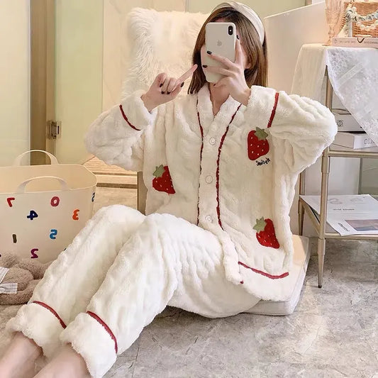 Winter Strawberry Pajamas Set Women Pyjamas Sets Thick Coral Velvt Flannel Girl Warm Lounge Sleepwear Pajama Sets