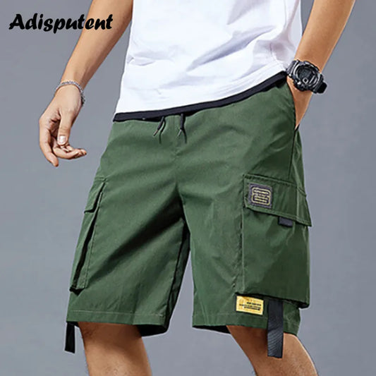 Men Cargo Shorts Tactical Joggers Shorts Work Casual Pants Male Multi Pockets Buttons Loose Wide Leg Knee Length Summer Shorts