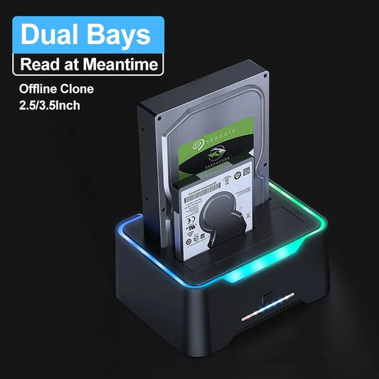 USB 3.0 To SATA Dual Bay RGB Lamp Effect Hard Disk 2.5/3.5 Inch Hard Drive Enclosure Docking Station Offline Clone HDD SSD