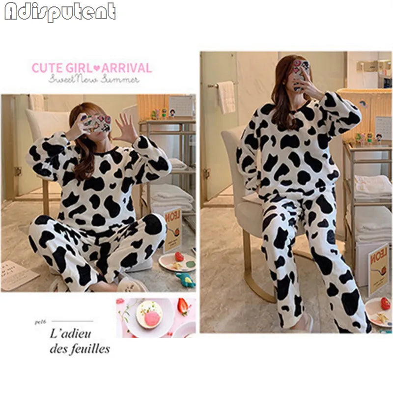 Autumn Winter New Warm Flannel Women's Pajamas Set Long-Sleeved Trousers Two-Piece Set Cute Soft Home Wear Clothes For Women