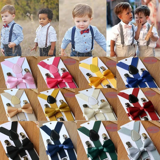 Kids Elastic Suspenders Bow Tie set Matching Tuxedo Suit Unisex Boy Girl Bowtie Wedding Costume Adjustable Y-Back Brace Belt