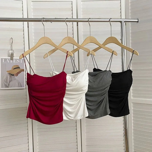 2023 Summer Camisole Slim Vest Sexy Women Sleeveless Spaghetti Strap Crop Tops Solid White Tank Top Female Korean Red Tops Y2k