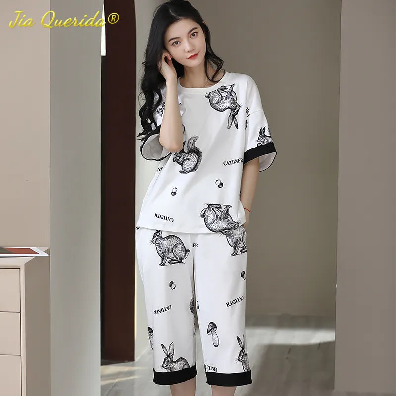 SUKAE Lady Pajamas Set M-5XL Big Size Calf-length O-Neck Sleepwear for Women Cotton Vintage Comfortable Casual Pijamas for Woman