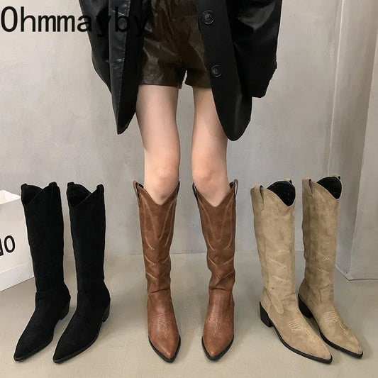 Woman Cowgirl Boots Fashion Slip On Ladies Elegant Square Low Heel Knee High Boots Shoes Women's Winter Footwear