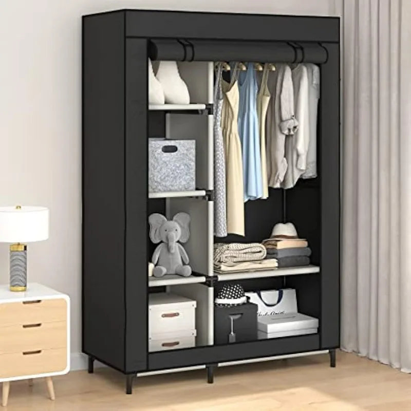 Buzowruil Canvas Wardrobe Portable Closet Wardrobe Clothes Storage with 6 Shelves and Hanging（Black/Black）optional