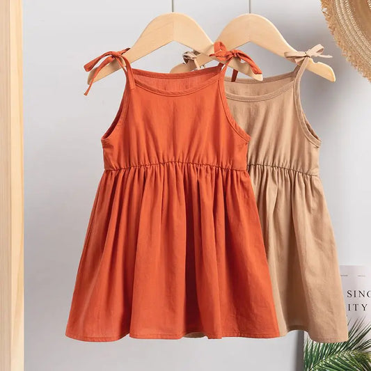 New Summer Kid Solid Dress 0-4Y Sleeveless Knee-length Pure Cotton Girl Dress Breathable Casual  Suspended Dress