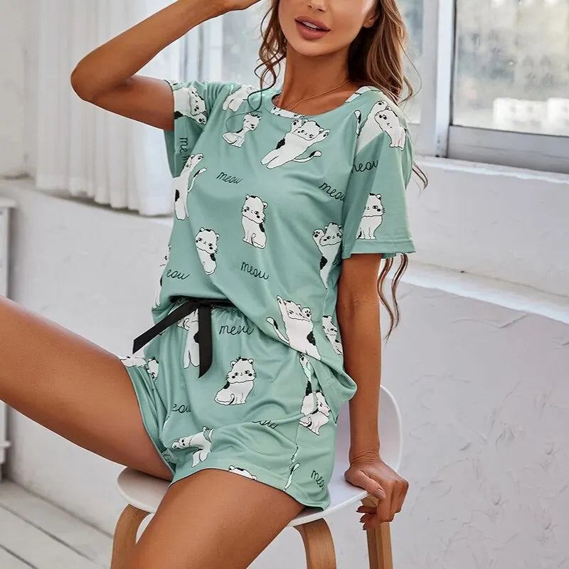 Women Pajamas Sets Short Sleeve Nightwear Top and Pants Sleepwear 3 Piece Pjs Loungewear Cartoon Print Pyjamas Set Nightwear