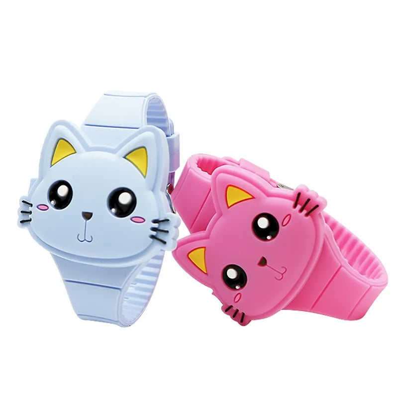 Fashion Kids Watch Cute Cat Shape LED Digital Watches for Girls Boys BPA Free Silicone Band Clamshell Design Children Wristwatch