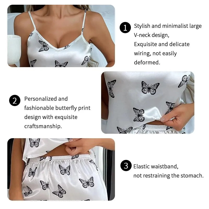 Women's Butterfly Print Cami Top with Pants Satin Pajama Set Sleepwear Women Pijama Pyjamas Summer Homewear Satin PJ Set