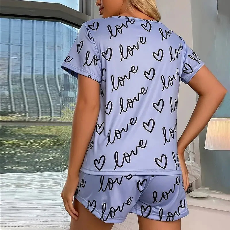 Cute Pajama Set Sleepwear Women's Cartoon Print Short Sleeve Tee and Shorts Pajama Set 3 Piece Nightwear Loungewear Home Clothes