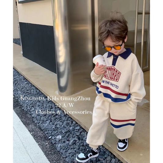 Korean Kid Set Baby Boy Suit 2023 Spring Autumn Fashion Letter Print Baby Girls 2pcs Outfits Clothes Lapel Cotton Sweater + Pant