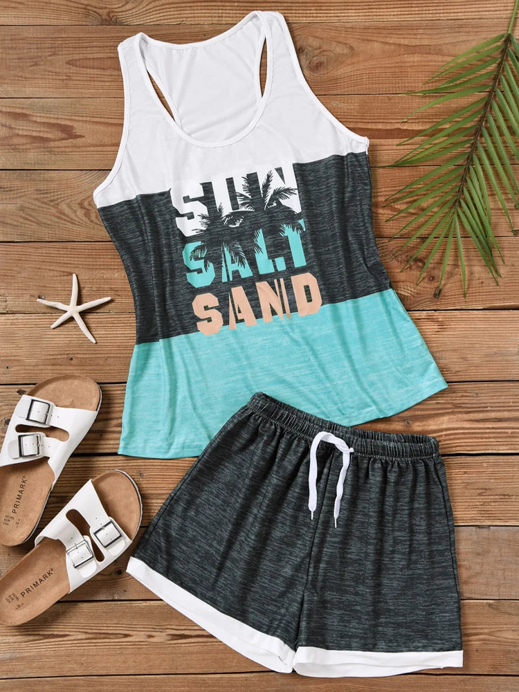 Women Casual Sleeveless Set Sleepwear Sun Salt Sand Color Block Coconut Tree Tank And Shorts Pajamas Set Comfortable Casual New