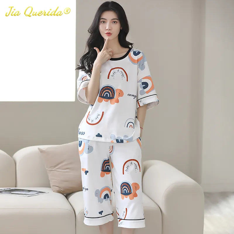 SUKAE Lady Pajamas Set M-5XL Big Size Calf-length O-Neck Sleepwear for Women Cotton Vintage Comfortable Casual Pijamas for Woman